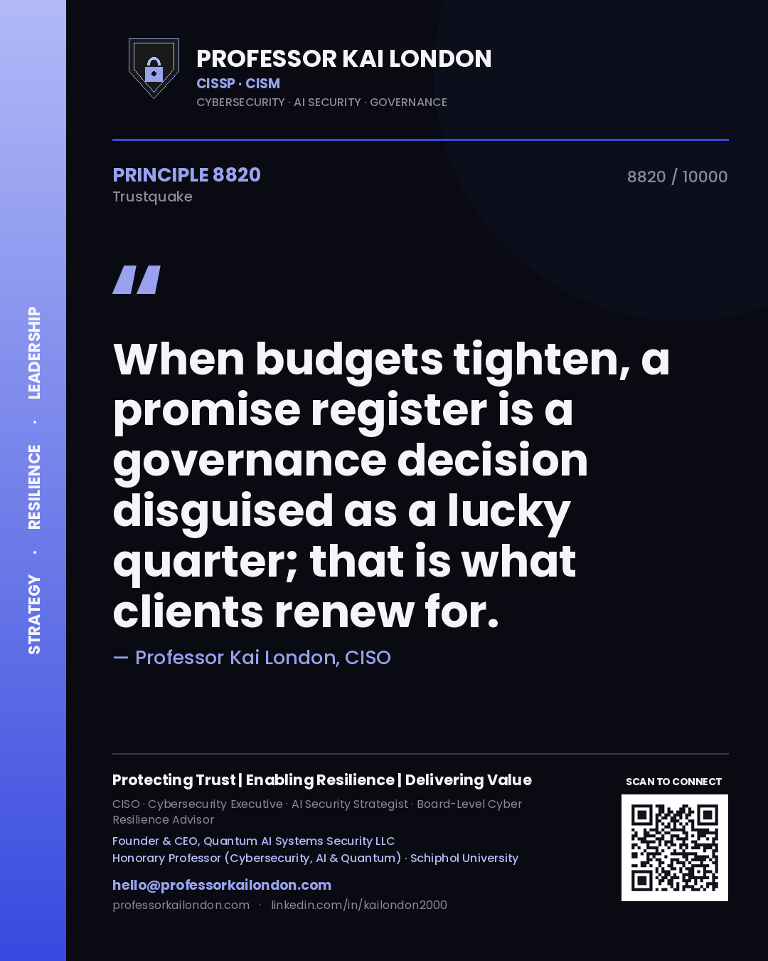 Professor Kai London principle 8820: When budgets tighten, a promise register is a governance decision disguised as a lucky quarter; that is what clients renew for.