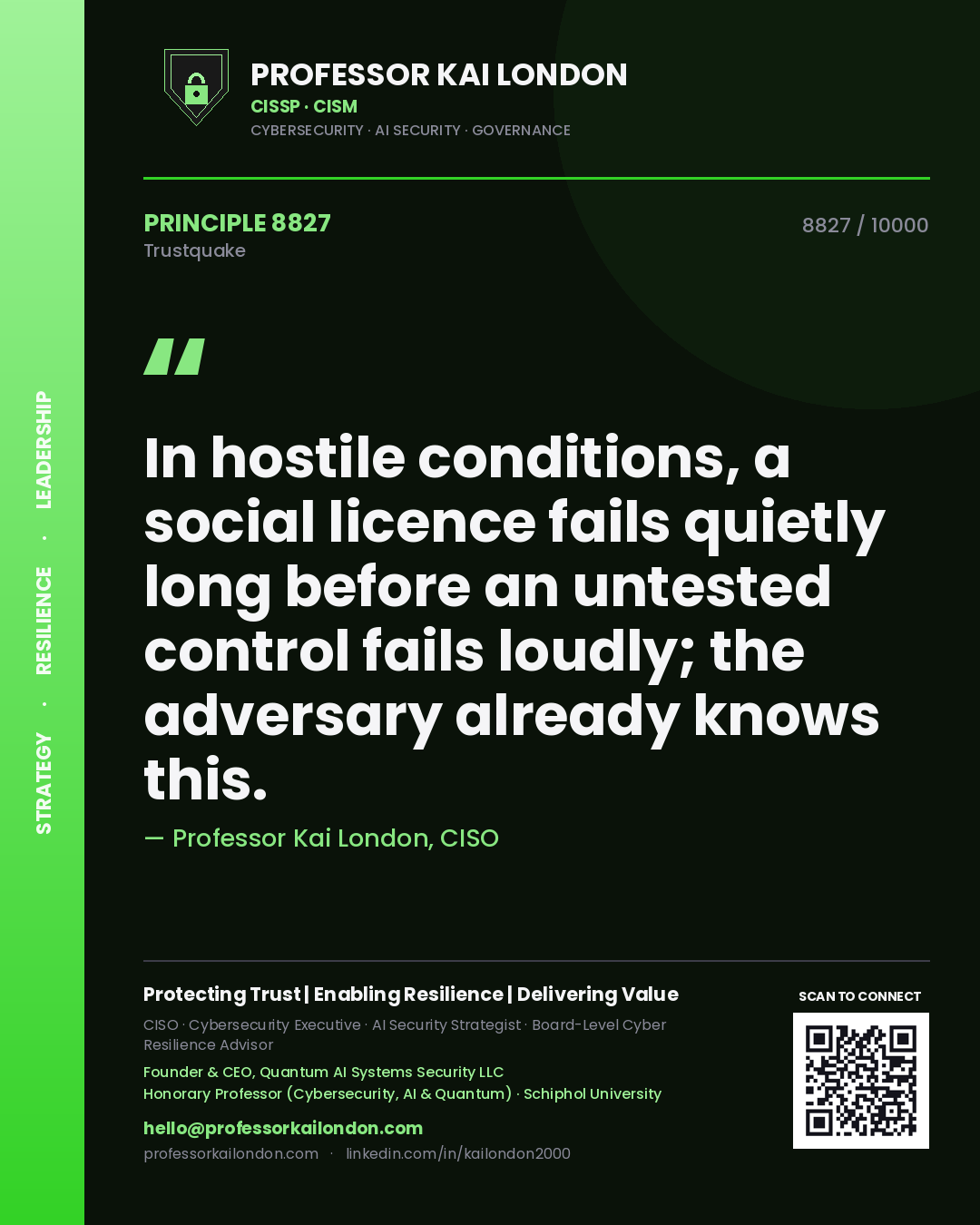 Professor Kai London principle 8827: In hostile conditions, a social licence fails quietly long before an untested control fails loudly; the adversary already knows this.