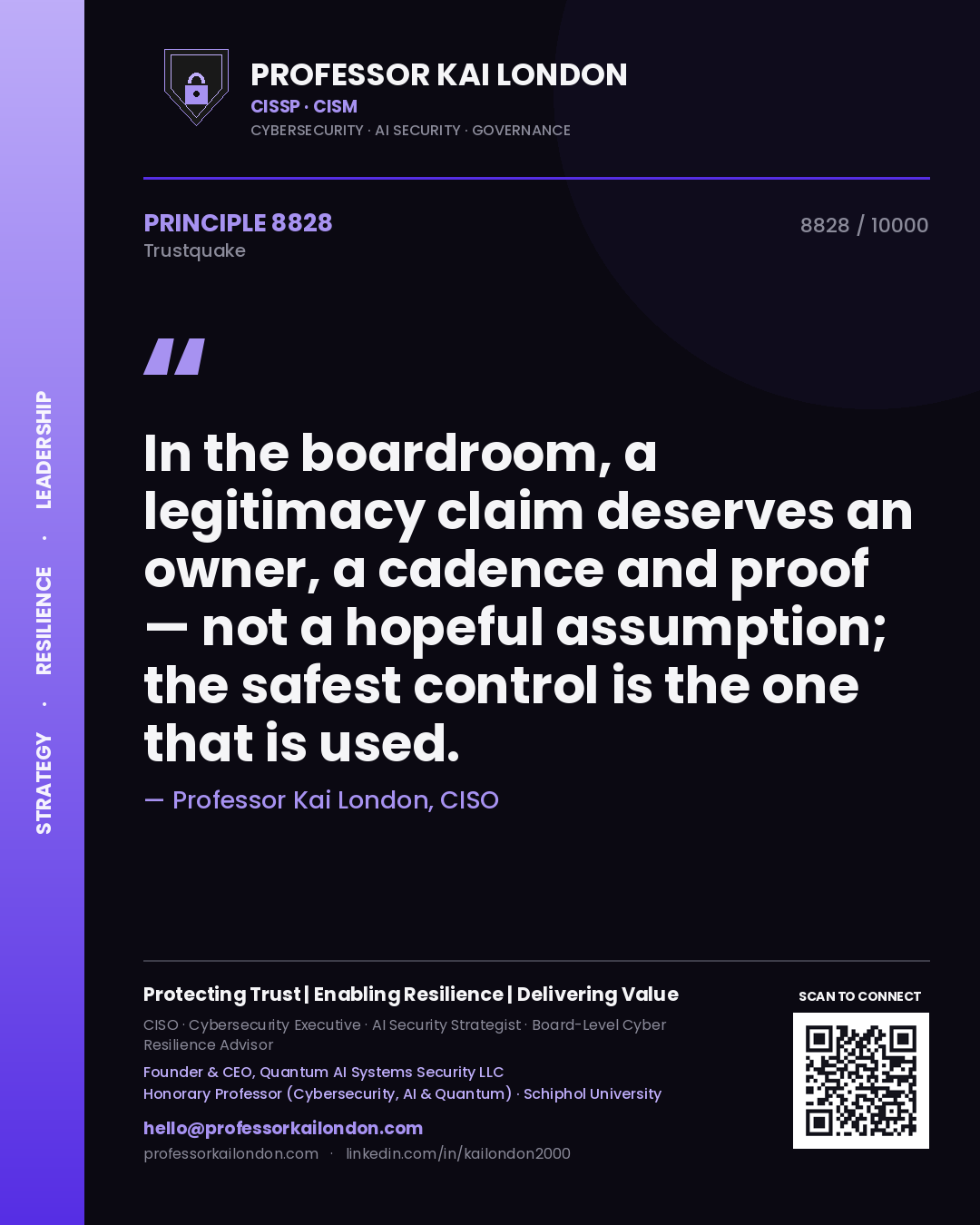 Professor Kai London principle 8828: In the boardroom, a legitimacy claim deserves an owner, a cadence and proof — not a hopeful assumption; the safest control is the one that is used.