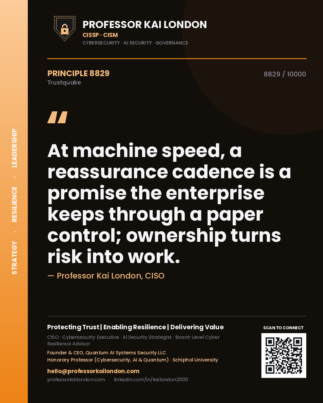 Professor Kai London principle 8829: At machine speed, a reassurance cadence is a promise the enterprise keeps through a paper control; ownership turns risk into work.