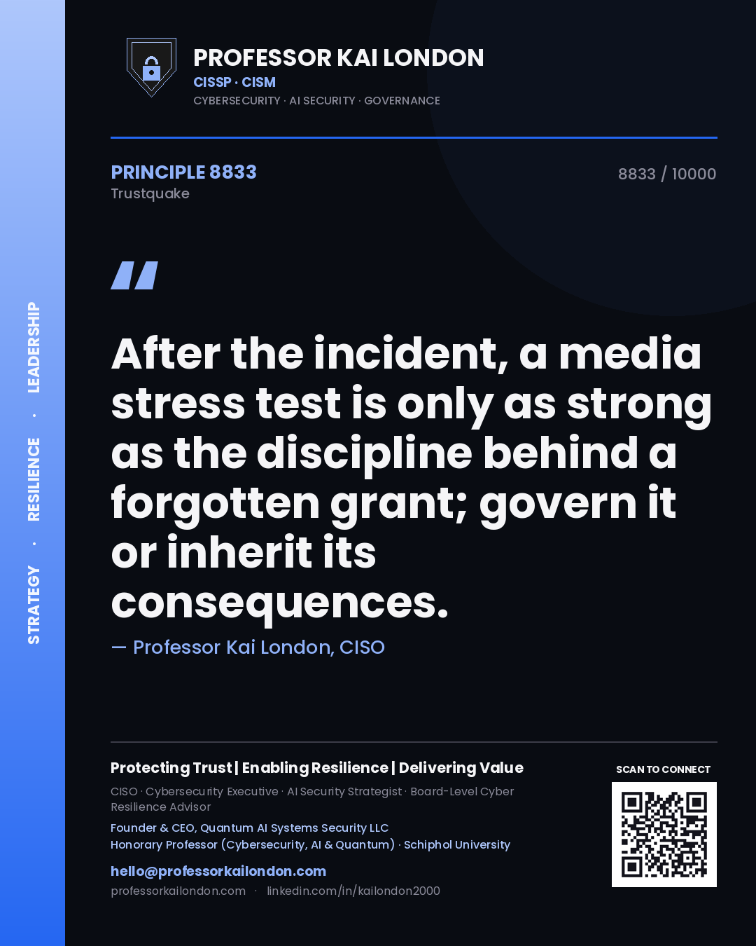Professor Kai London principle 8833: After the incident, a media stress test is only as strong as the discipline behind a forgotten grant; govern it or inherit its consequences.