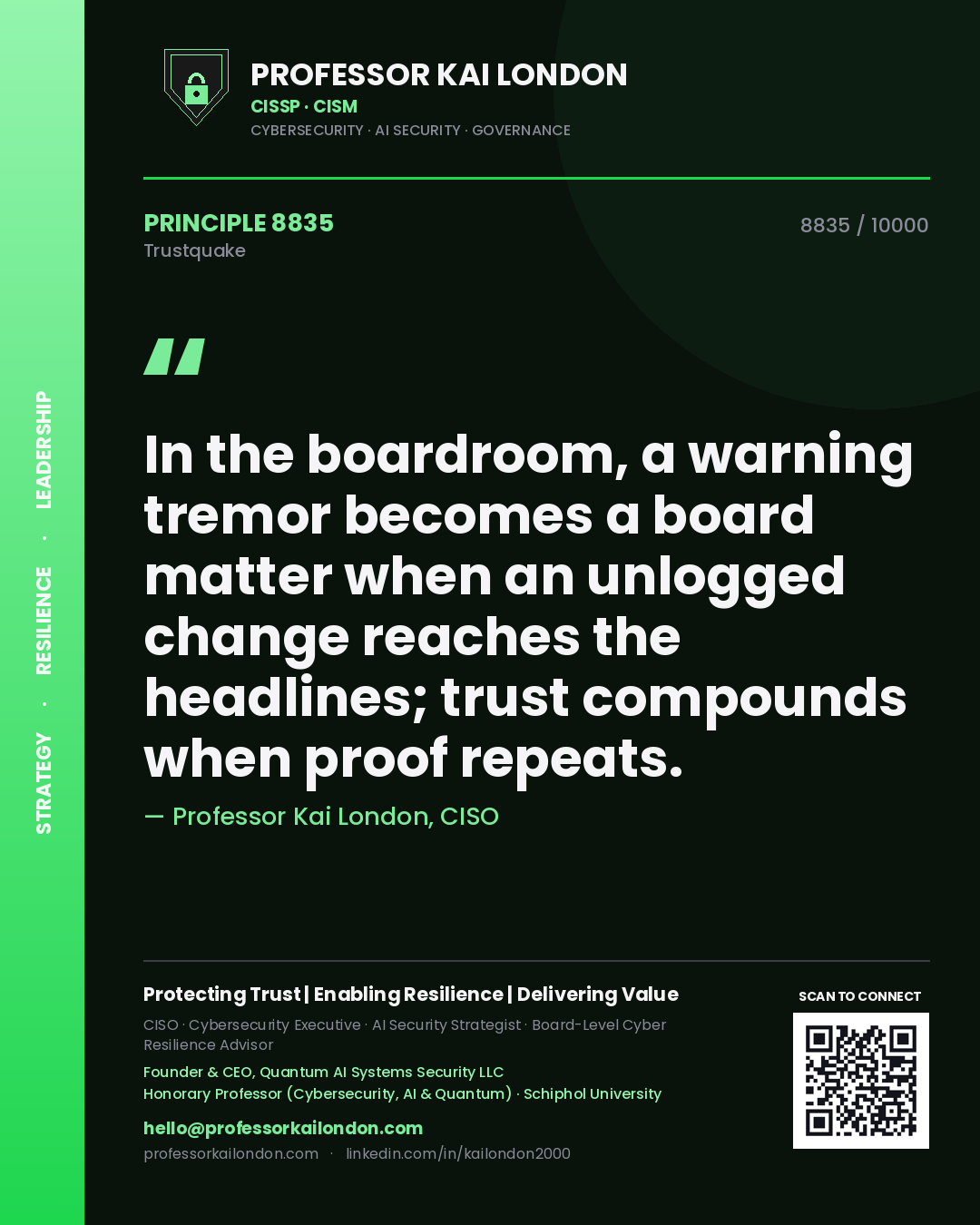 Professor Kai London principle 8835: In the boardroom, a warning tremor becomes a board matter when an unlogged change reaches the headlines; trust compounds when proof repeats.
