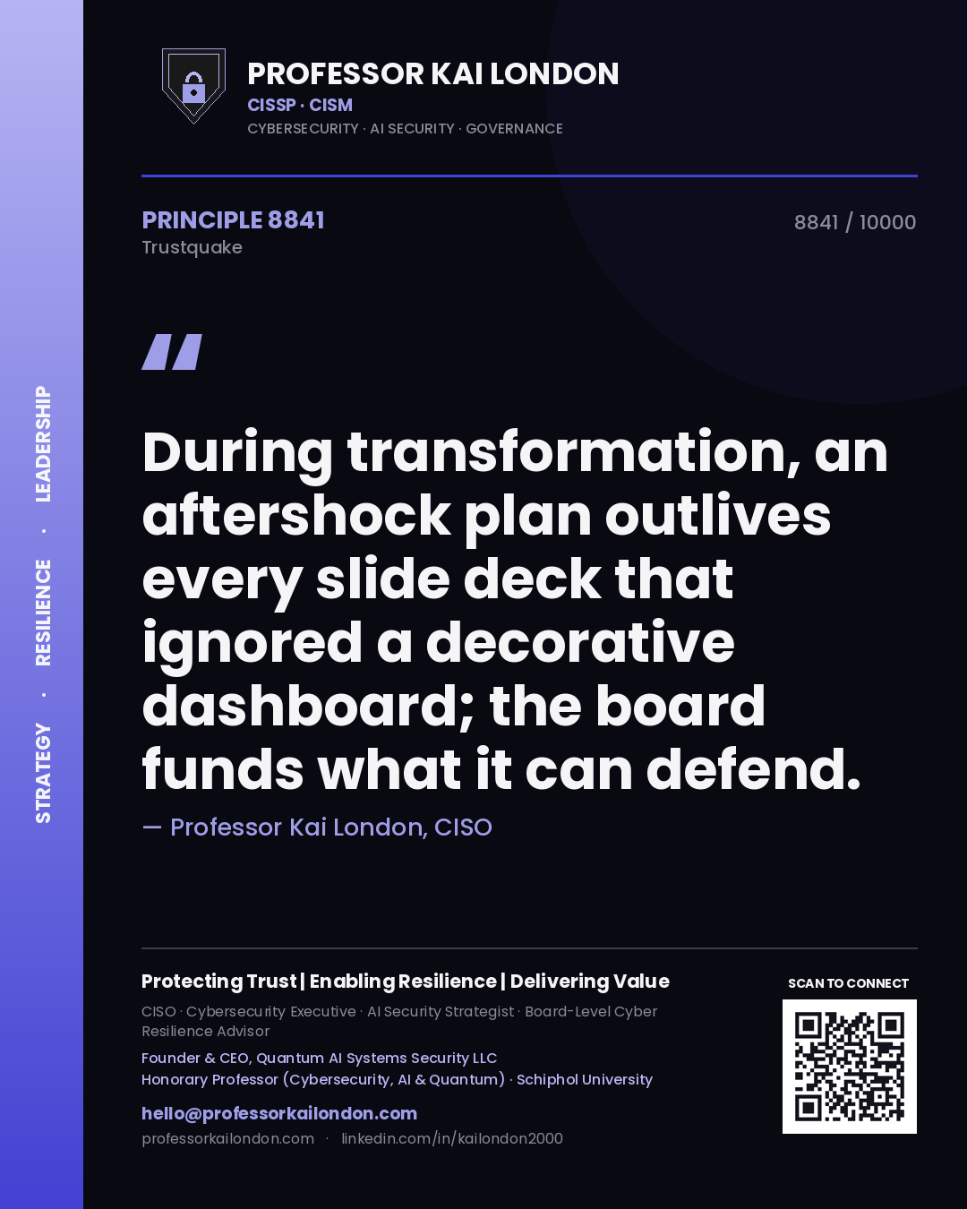 Professor Kai London principle 8841: During transformation, an aftershock plan outlives every slide deck that ignored a decorative dashboard; the board funds what it can defend.