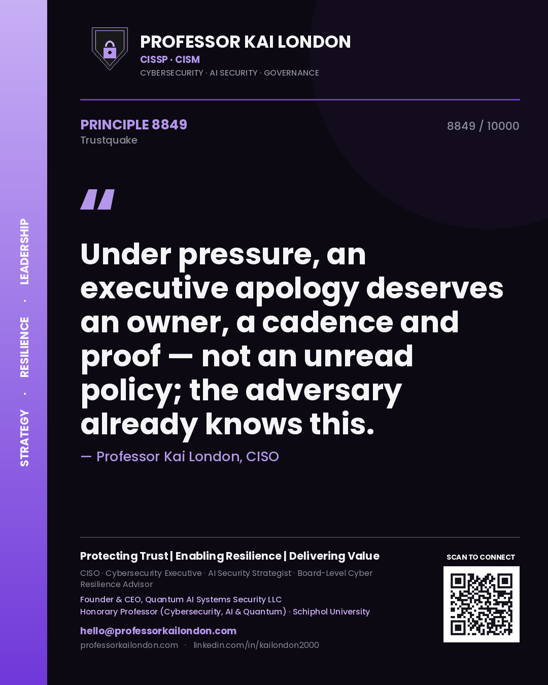 Professor Kai London principle 8849: Under pressure, an executive apology deserves an owner, a cadence and proof — not an unread policy; the adversary already knows this.