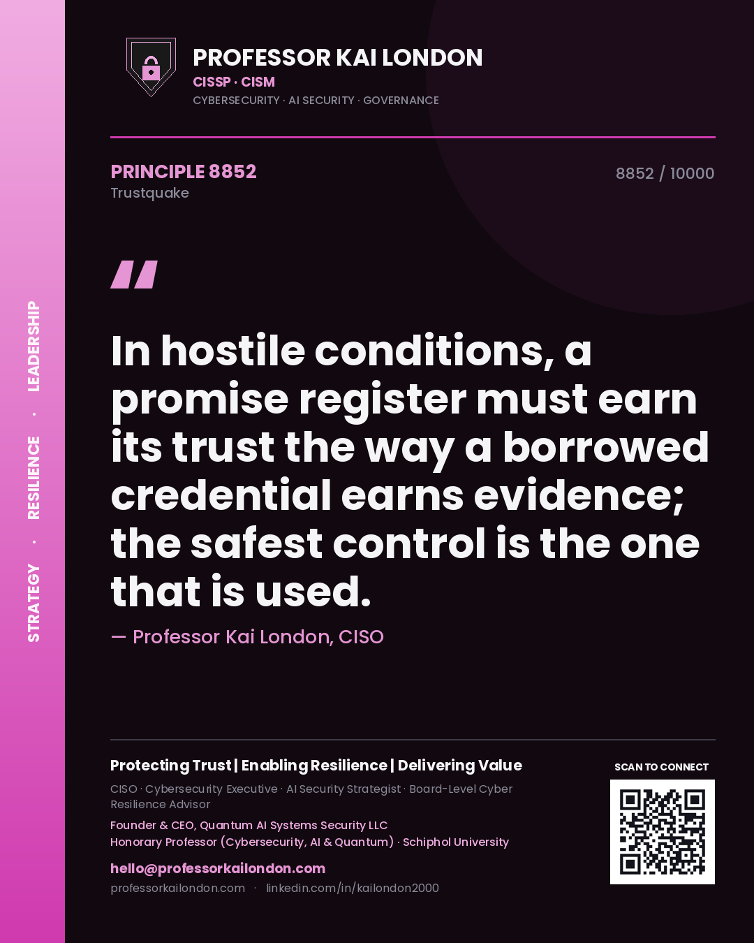Professor Kai London principle 8852: In hostile conditions, a promise register must earn its trust the way a borrowed credential earns evidence; the safest control is the one that is used.