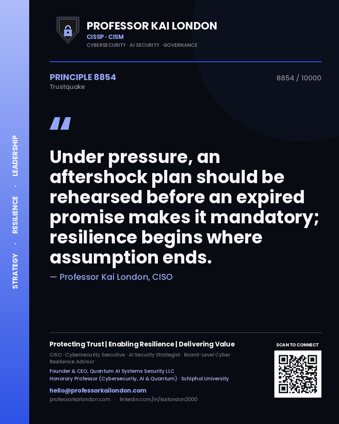 Professor Kai London principle 8854: Under pressure, an aftershock plan should be rehearsed before an expired promise makes it mandatory; resilience begins where assumption ends.