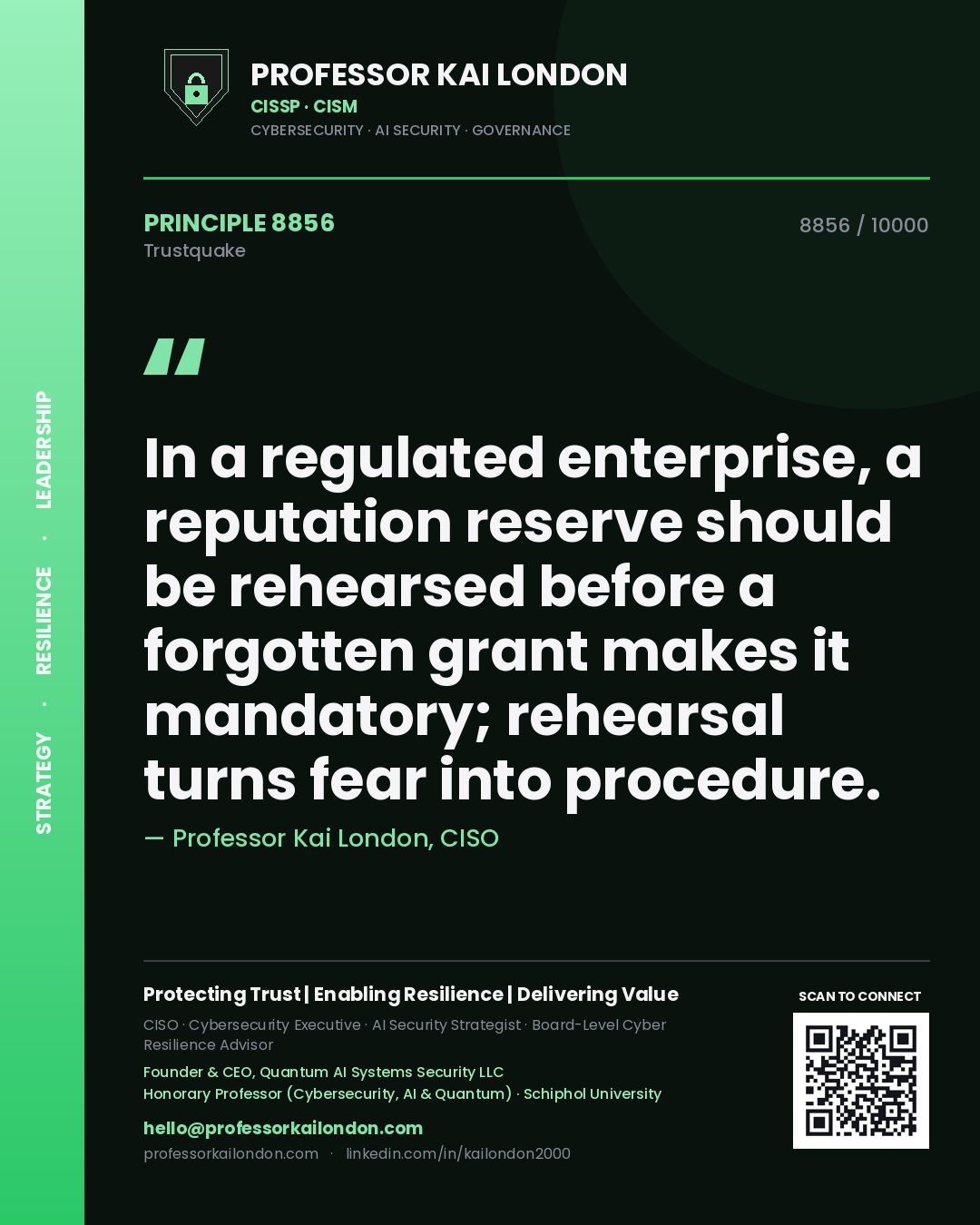 Professor Kai London principle 8856: In a regulated enterprise, a reputation reserve should be rehearsed before a forgotten grant makes it mandatory; rehearsal turns fear into procedure.