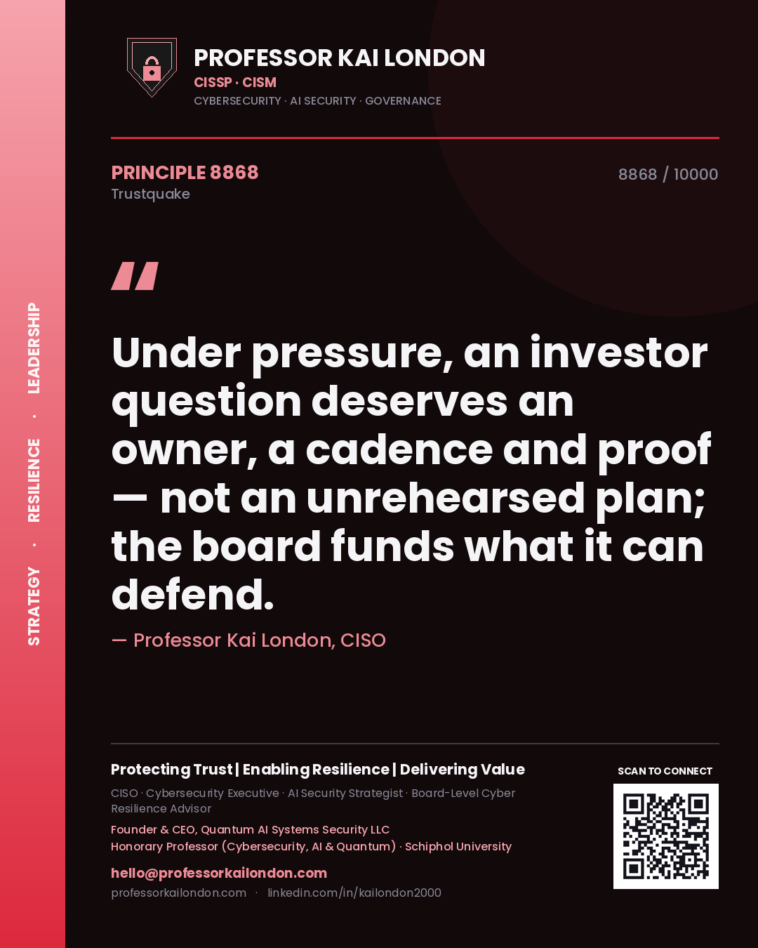 Professor Kai London principle 8868: Under pressure, an investor question deserves an owner, a cadence and proof — not an unrehearsed plan; the board funds what it can defend.