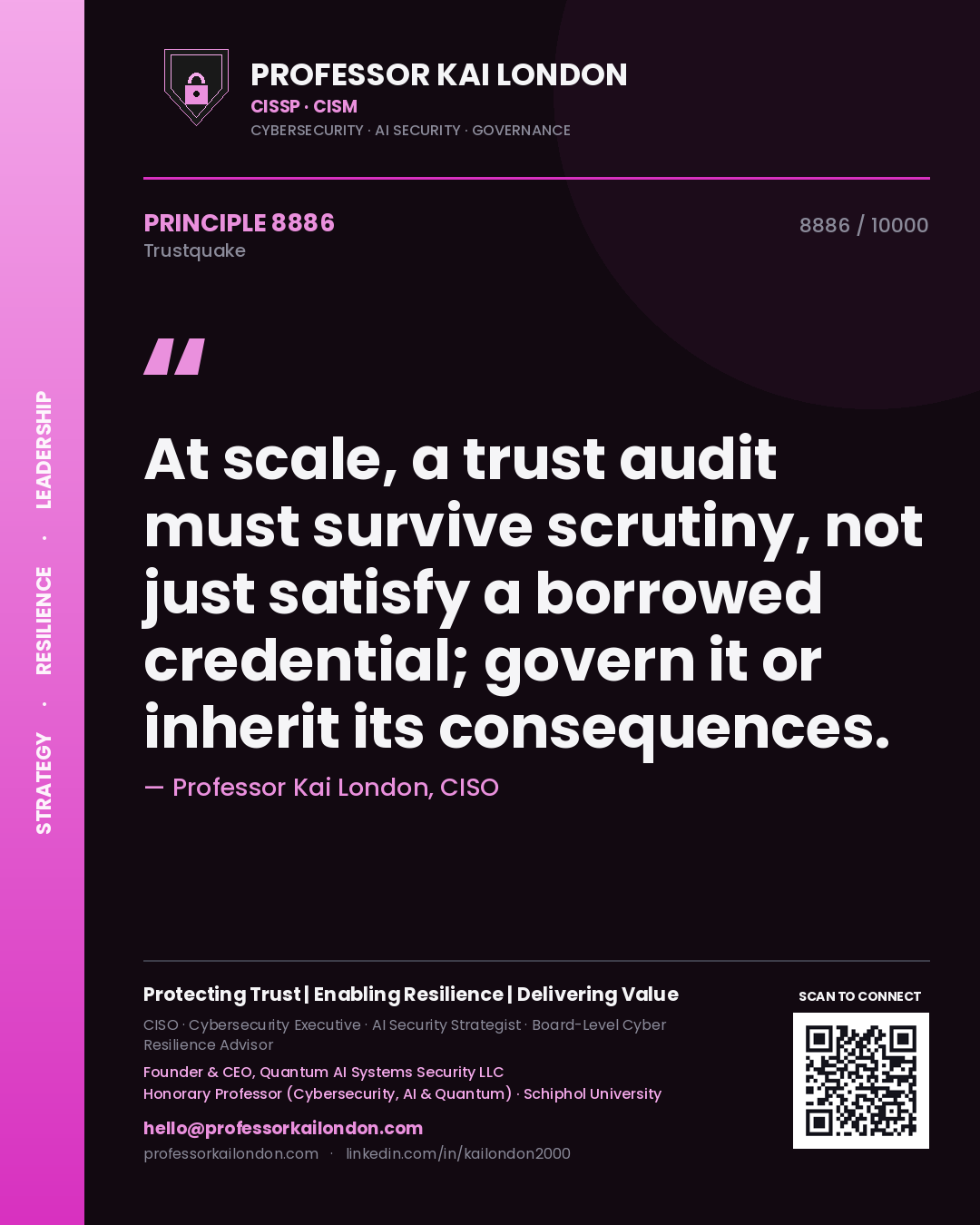 Professor Kai London principle 8886: At scale, a trust audit must survive scrutiny, not just satisfy a borrowed credential; govern it or inherit its consequences.