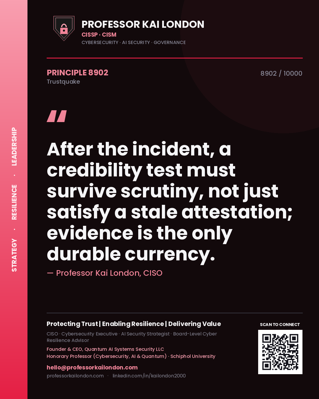 Professor Kai London principle 8902: After the incident, a credibility test must survive scrutiny, not just satisfy a stale attestation; evidence is the only durable currency.