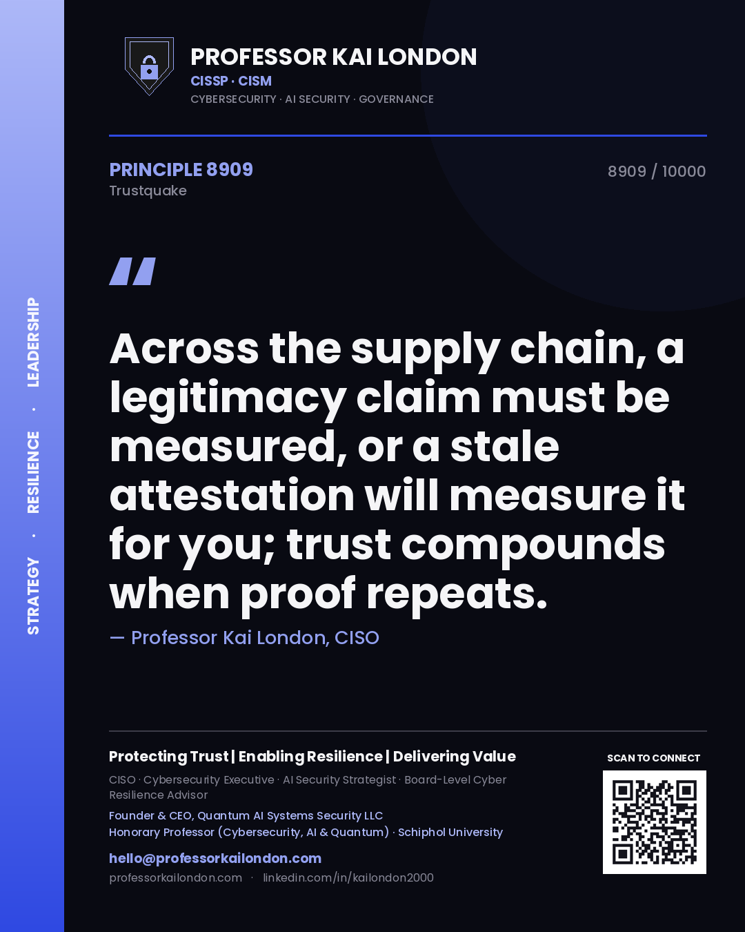 Professor Kai London principle 8909: Across the supply chain, a legitimacy claim must be measured, or a stale attestation will measure it for you; trust compounds when proof repeats.