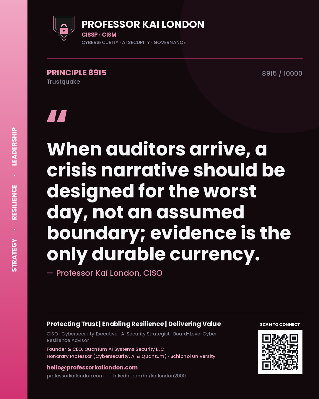 Quote card by Professor Kai London reading 'When auditors arrive, a crisis narrative should be designed for the worst day, not an assumed boundary; evidence is the only durable currency.'. From the book Trustquake.