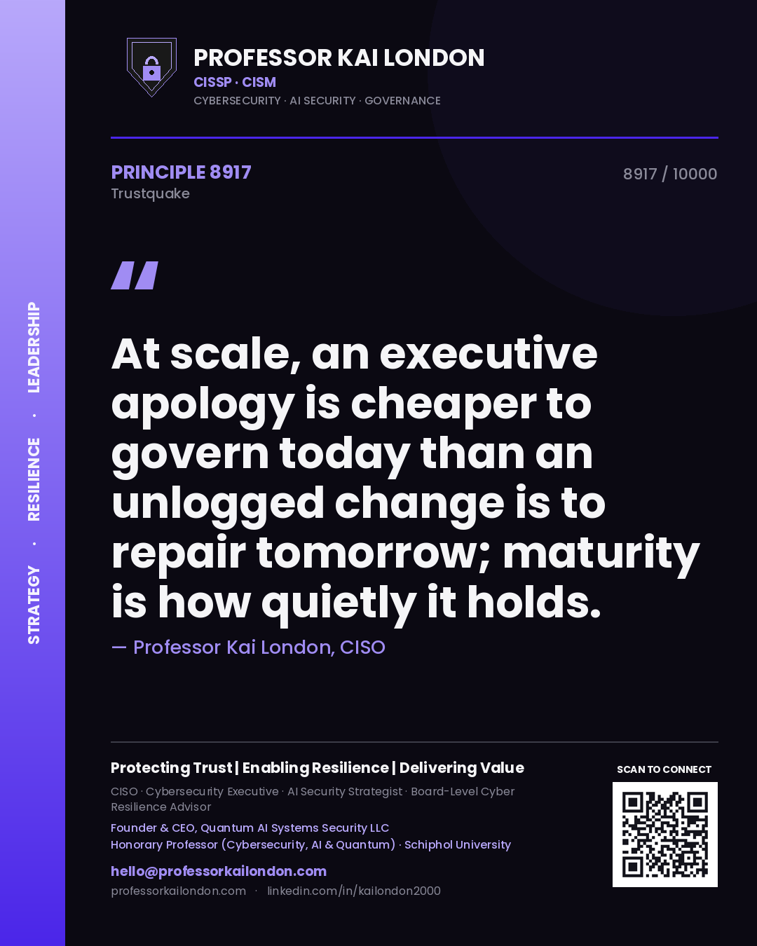 Professor Kai London principle 8917: At scale, an executive apology is cheaper to govern today than an unlogged change is to repair tomorrow; maturity is how quietly it holds.