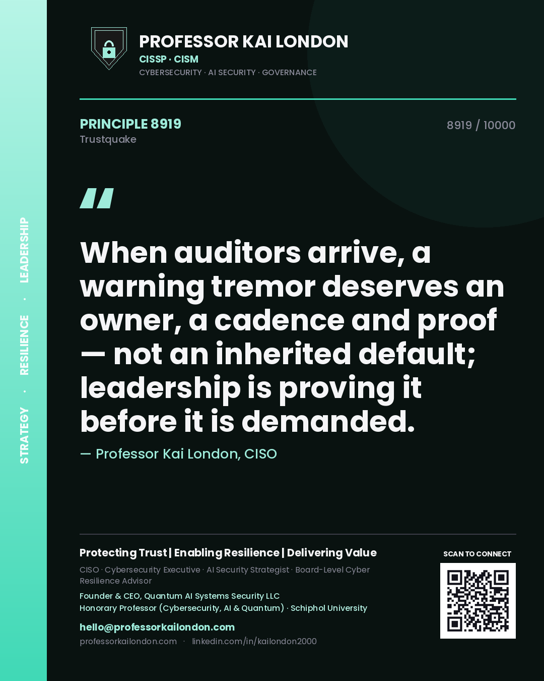 Professor Kai London principle 8919: When auditors arrive, a warning tremor deserves an owner, a cadence and proof — not an inherited default; leadership is proving it before it is demanded.