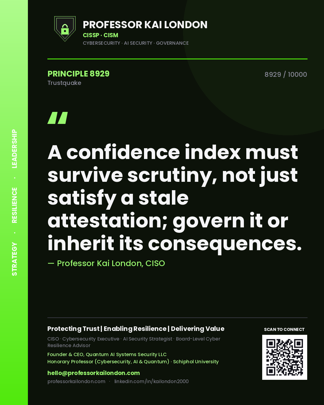 Quote card by Professor Kai London reading 'A confidence index must survive scrutiny, not just satisfy a stale attestation; govern it or inherit its consequences.'. From the book Trustquake.