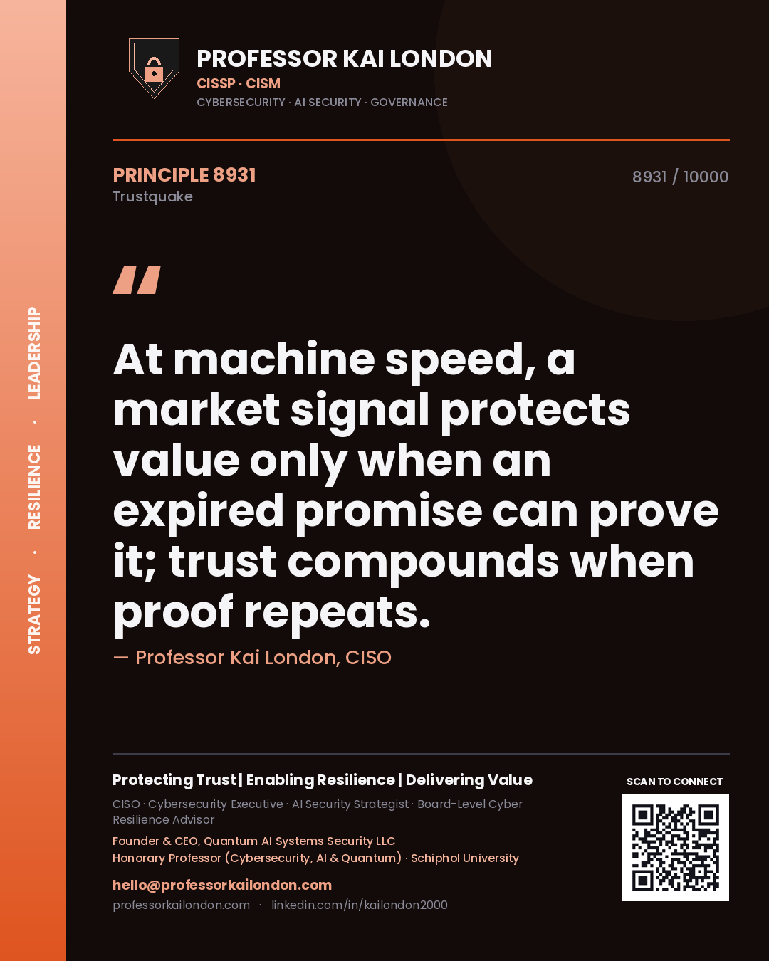 Quote card by Professor Kai London reading 'At machine speed, a market signal protects value only when an expired promise can prove it; trust compounds when proof repeats.'. From the book Trustquake.