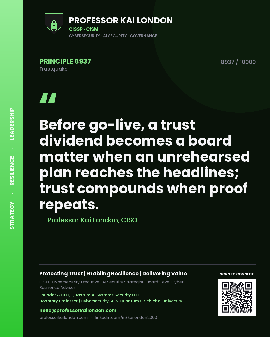 Professor Kai London principle 8937: Before go-live, a trust dividend becomes a board matter when an unrehearsed plan reaches the headlines; trust compounds when proof repeats.