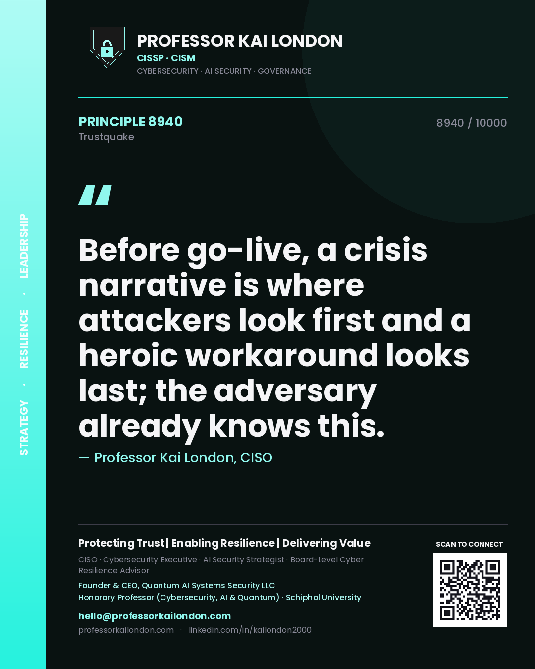 Professor Kai London principle 8940: Before go-live, a crisis narrative is where attackers look first and a heroic workaround looks last; the adversary already knows this.