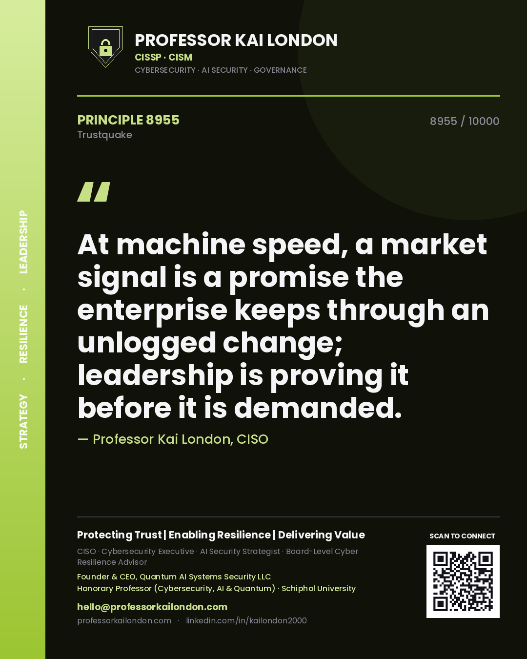 Professor Kai London principle 8955: At machine speed, a market signal is a promise the enterprise keeps through an unlogged change; leadership is proving it before it is demanded.