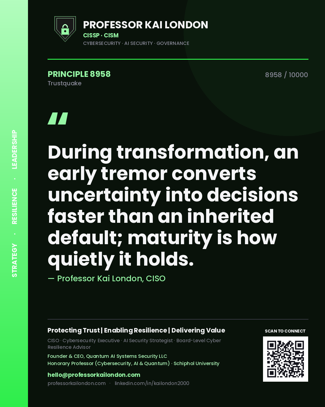 Professor Kai London principle 8958: During transformation, an early tremor converts uncertainty into decisions faster than an inherited default; maturity is how quietly it holds.