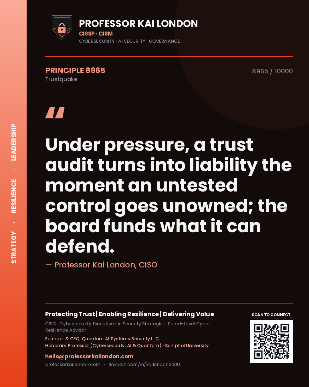 Professor Kai London principle 8965: Under pressure, a trust audit turns into liability the moment an untested control goes unowned; the board funds what it can defend.