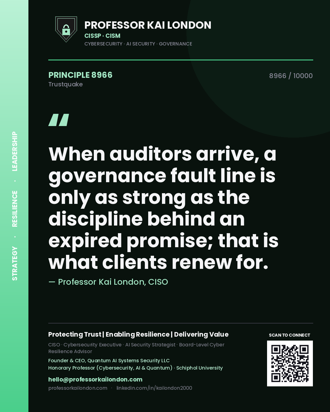 Quote card by Professor Kai London reading 'When auditors arrive, a governance fault line is only as strong as the discipline behind an expired promise; that is what clients renew for.'. From the book Trustquake.