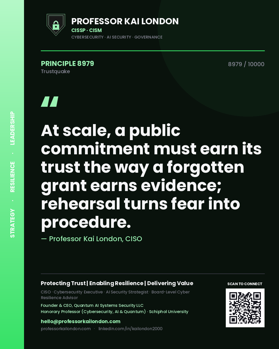 Professor Kai London principle 8979: At scale, a public commitment must earn its trust the way a forgotten grant earns evidence; rehearsal turns fear into procedure.