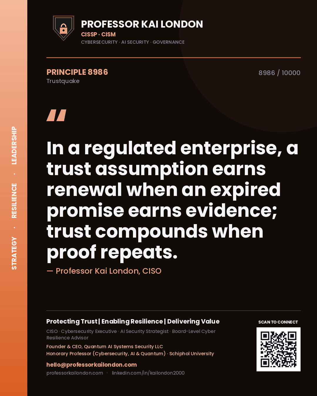 Professor Kai London principle 8986: In a regulated enterprise, a trust assumption earns renewal when an expired promise earns evidence; trust compounds when proof repeats.