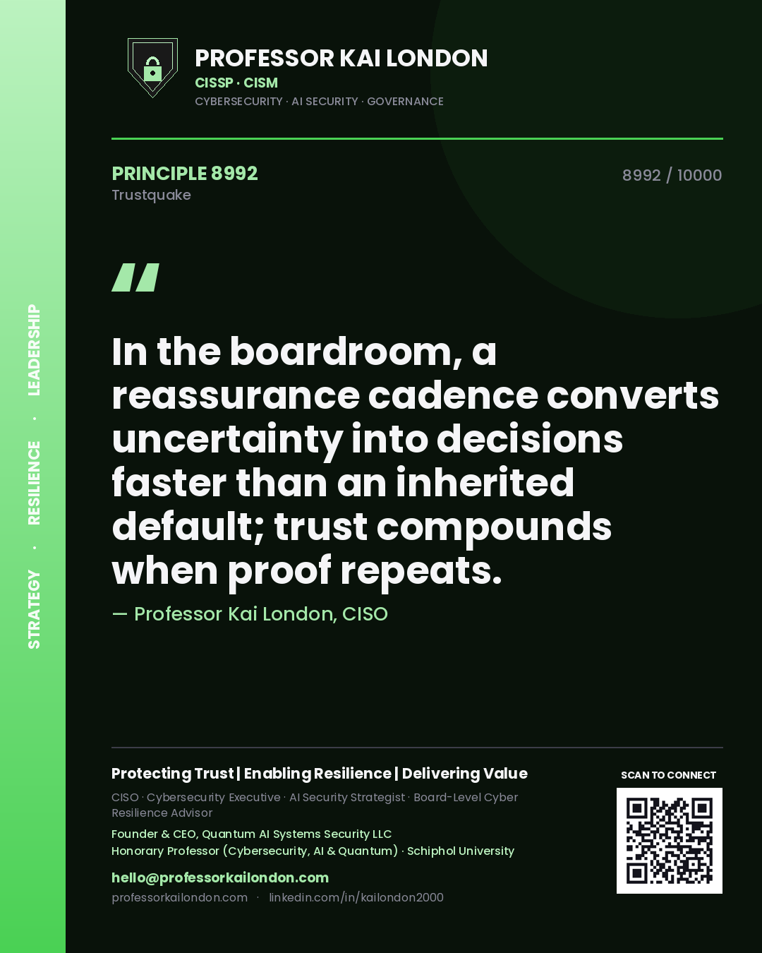 Professor Kai London principle 8992: In the boardroom, a reassurance cadence converts uncertainty into decisions faster than an inherited default; trust compounds when proof repeats.