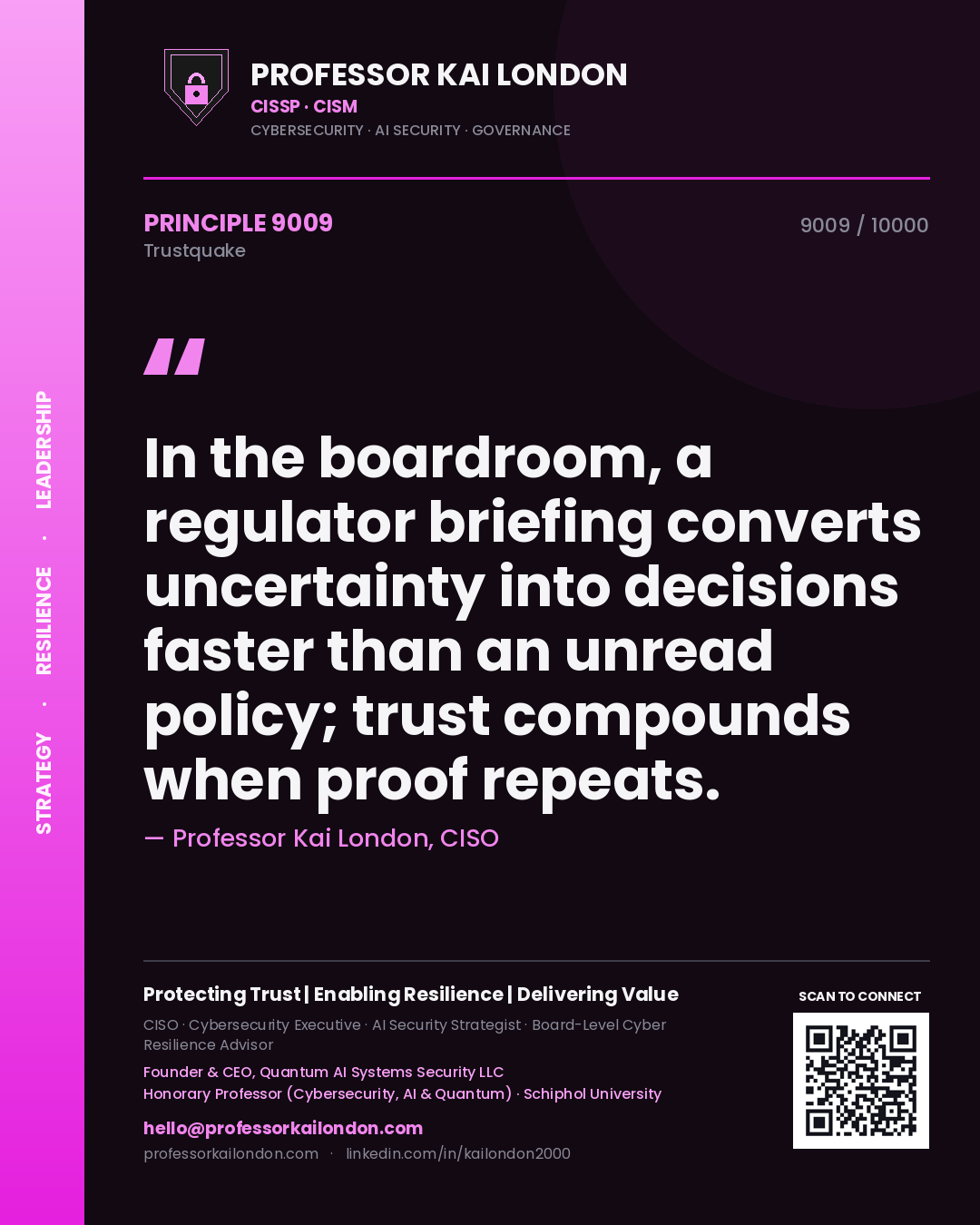 Quote card by Professor Kai London reading 'In the boardroom, a regulator briefing converts uncertainty into decisions faster than an unread policy; trust compounds when proof repeats.'. From the book Trustquake.