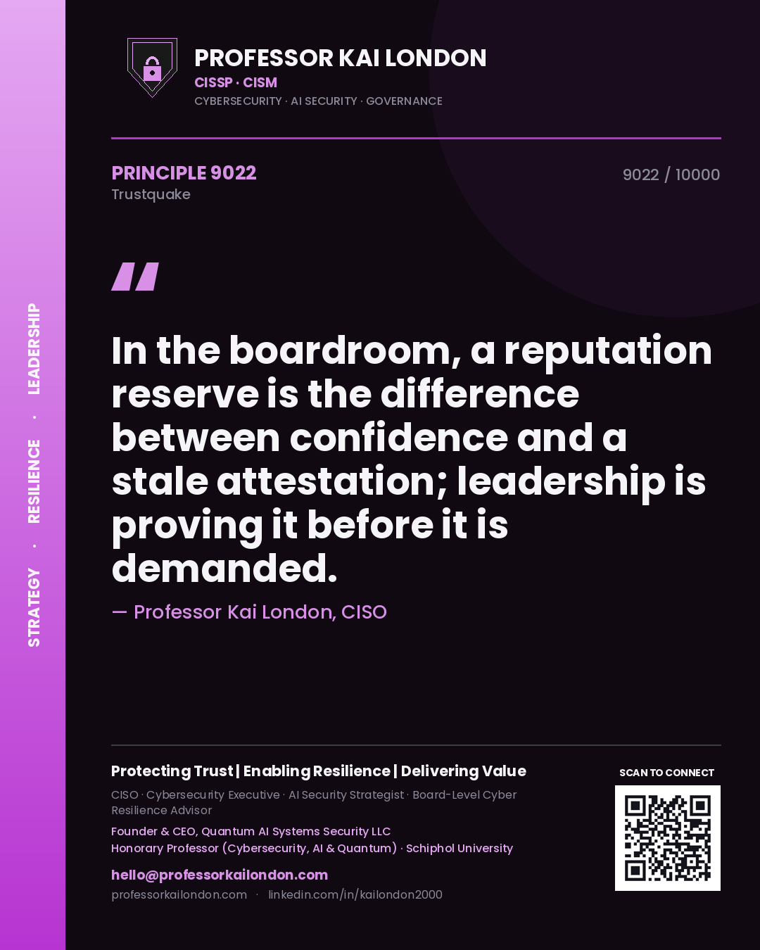 Quote card by Professor Kai London reading 'In the boardroom, a reputation reserve is the difference between confidence and a stale attestation; leadership is proving it before it is demanded.'. From the book Trustquake.