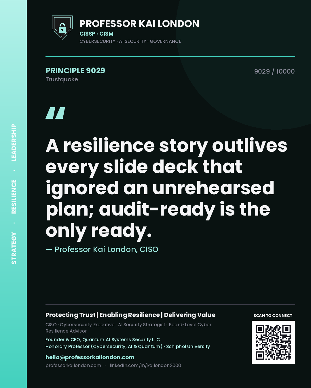 Quote card by Professor Kai London reading 'A resilience story outlives every slide deck that ignored an unrehearsed plan; audit-ready is the only ready.'. From the book Trustquake.