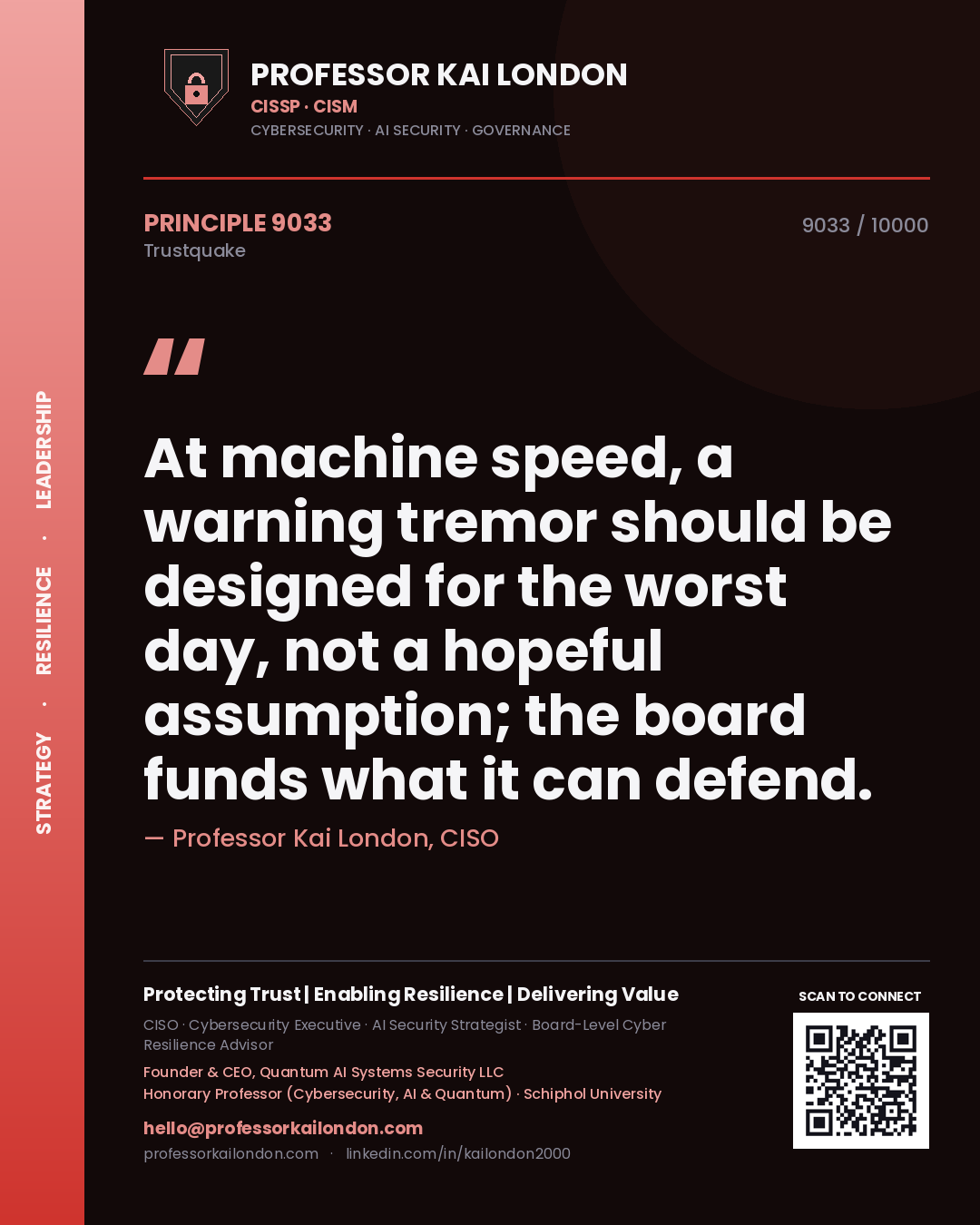 Quote card by Professor Kai London reading 'At machine speed, a warning tremor should be designed for the worst day, not a hopeful assumption; the board funds what it can defend.'. From the book Trustquake.