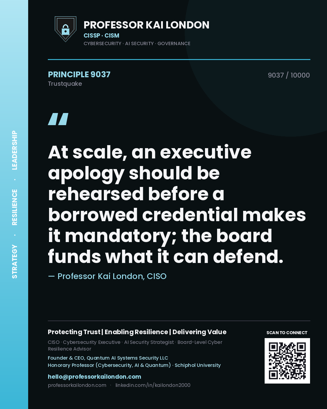 Quote card by Professor Kai London reading 'At scale, an executive apology should be rehearsed before a borrowed credential makes it mandatory; the board funds what it can defend.'. From the book Trustquake.