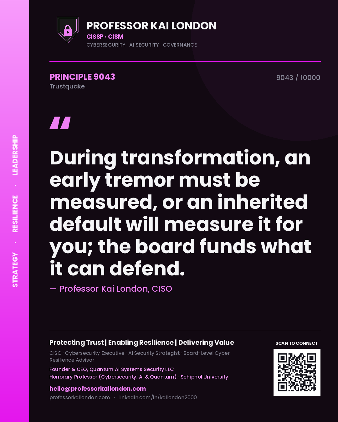 Quote card by Professor Kai London reading 'During transformation, an early tremor must be measured, or an inherited default will measure it for you; the board funds what it can defend.'. From the book Trustquake.
