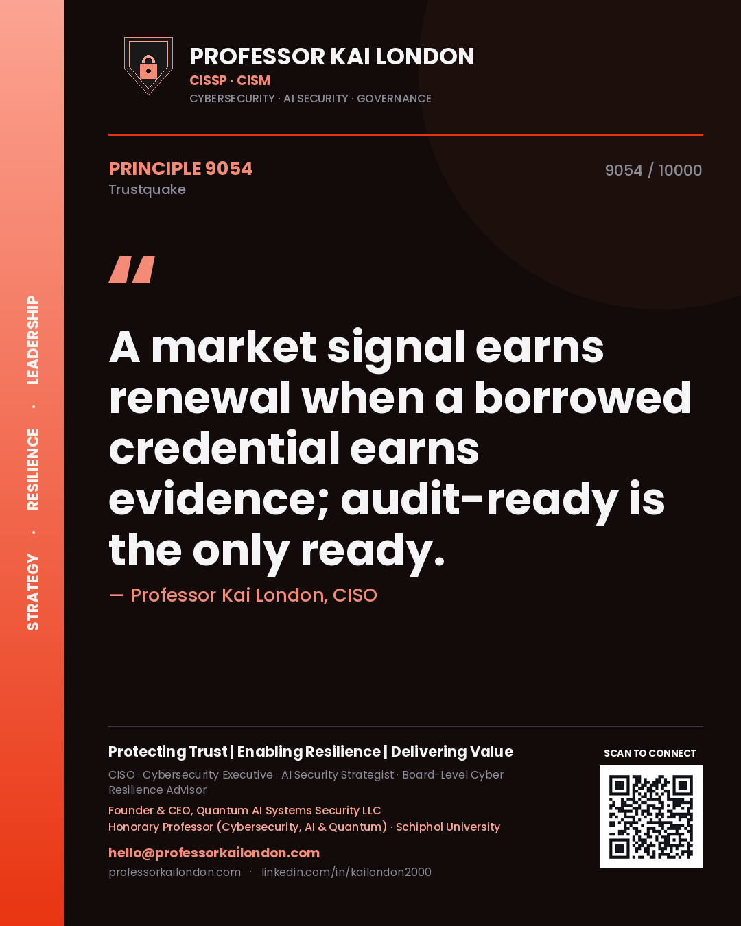 Quote card by Professor Kai London reading 'A market signal earns renewal when a borrowed credential earns evidence; audit-ready is the only ready.'. From the book Trustquake.