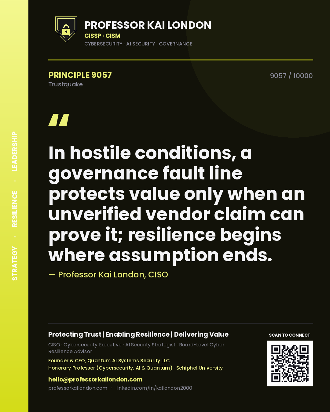Quote card by Professor Kai London reading 'In hostile conditions, a governance fault line protects value only when an unverified vendor claim can prove it; resilience begins where assumption ends.'. From the book Trustquake.