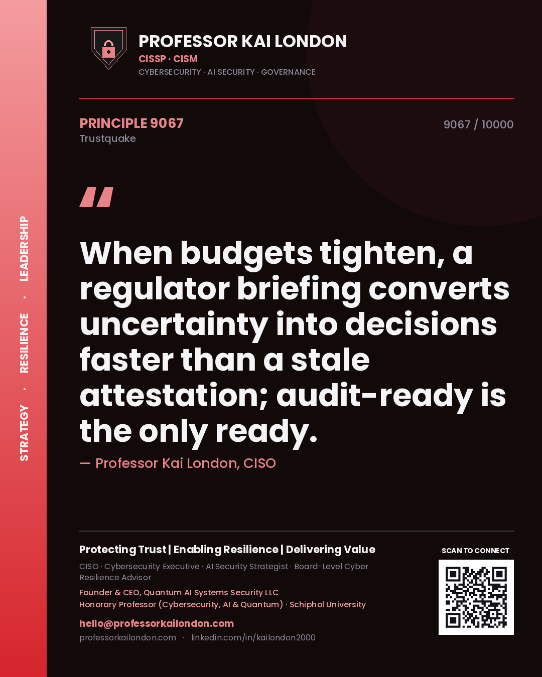 Professor Kai London principle 9067: When budgets tighten, a regulator briefing converts uncertainty into decisions faster than a stale attestation; audit-ready is the only ready.