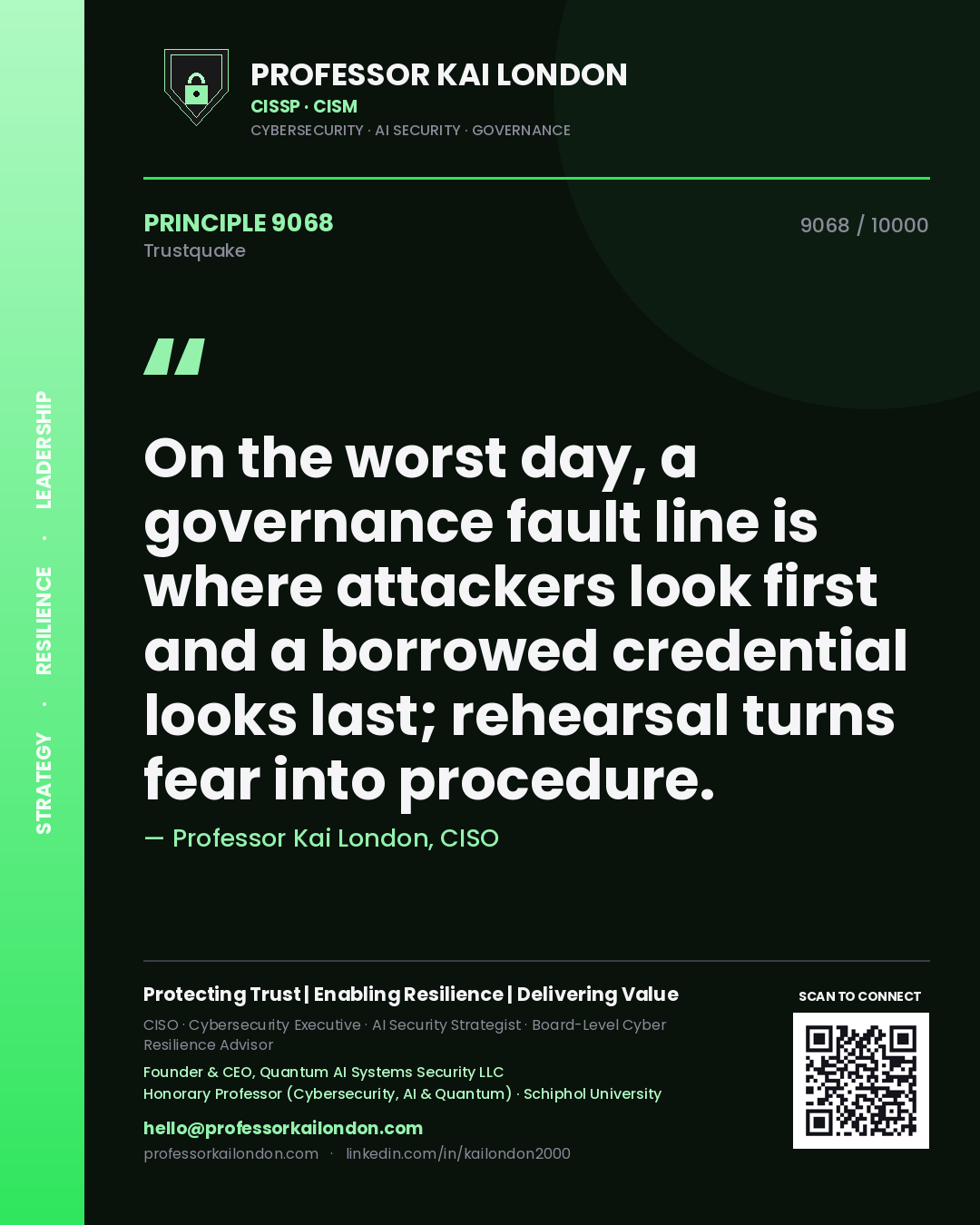 Quote card by Professor Kai London reading 'On the worst day, a governance fault line is where attackers look first and a borrowed credential looks last; rehearsal turns fear into procedure.'. From the book Trustquake.