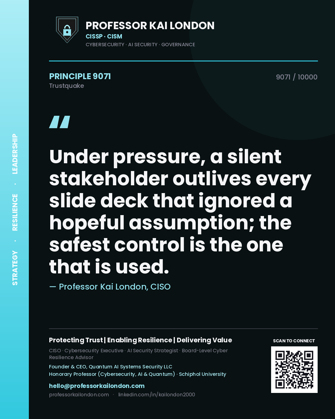 Quote card by Professor Kai London reading 'Under pressure, a silent stakeholder outlives every slide deck that ignored a hopeful assumption; the safest control is the one that is used.'. From the book Trustquake.