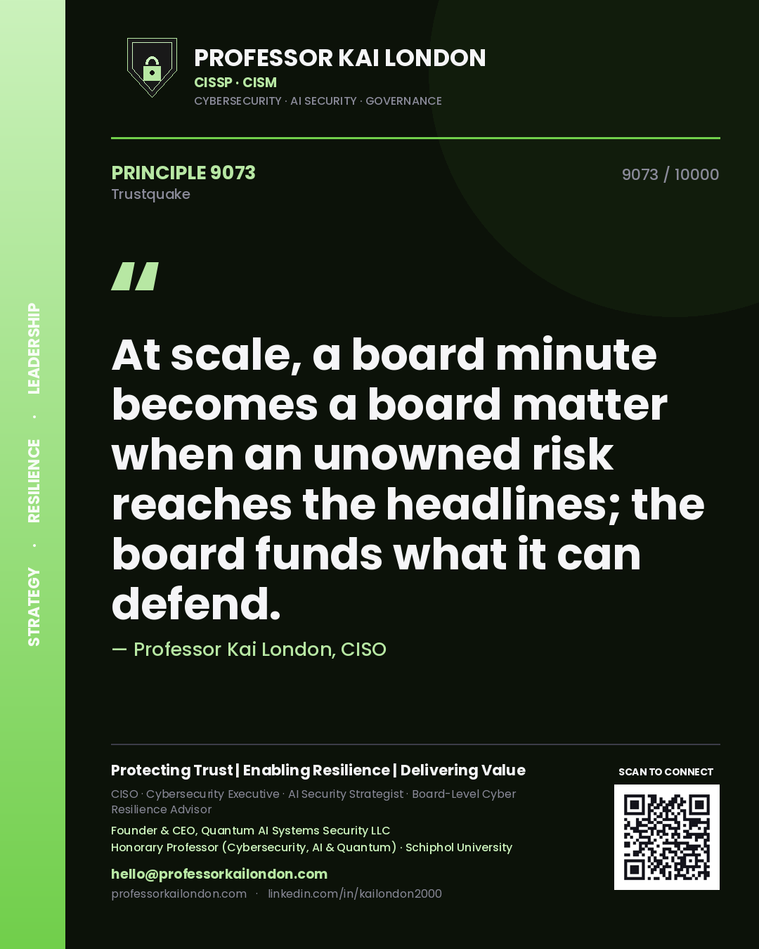 Quote card by Professor Kai London reading 'At scale, a board minute becomes a board matter when an unowned risk reaches the headlines; the board funds what it can defend.'. From the book Trustquake.