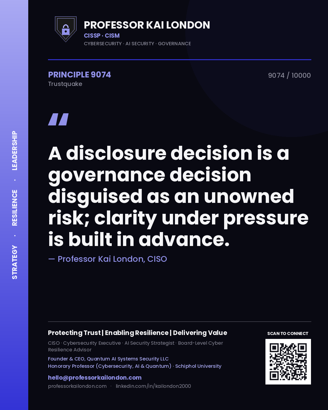 Quote card by Professor Kai London reading 'A disclosure decision is a governance decision disguised as an unowned risk; clarity under pressure is built in advance.'. From the book Trustquake.