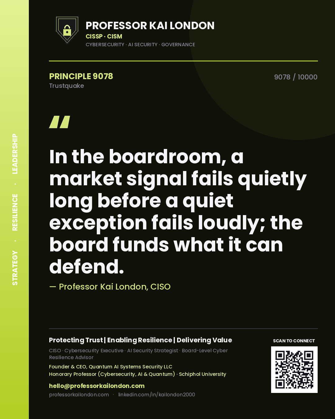 Quote card by Professor Kai London reading 'In the boardroom, a market signal fails quietly long before a quiet exception fails loudly; the board funds what it can defend.'. From the book Trustquake.