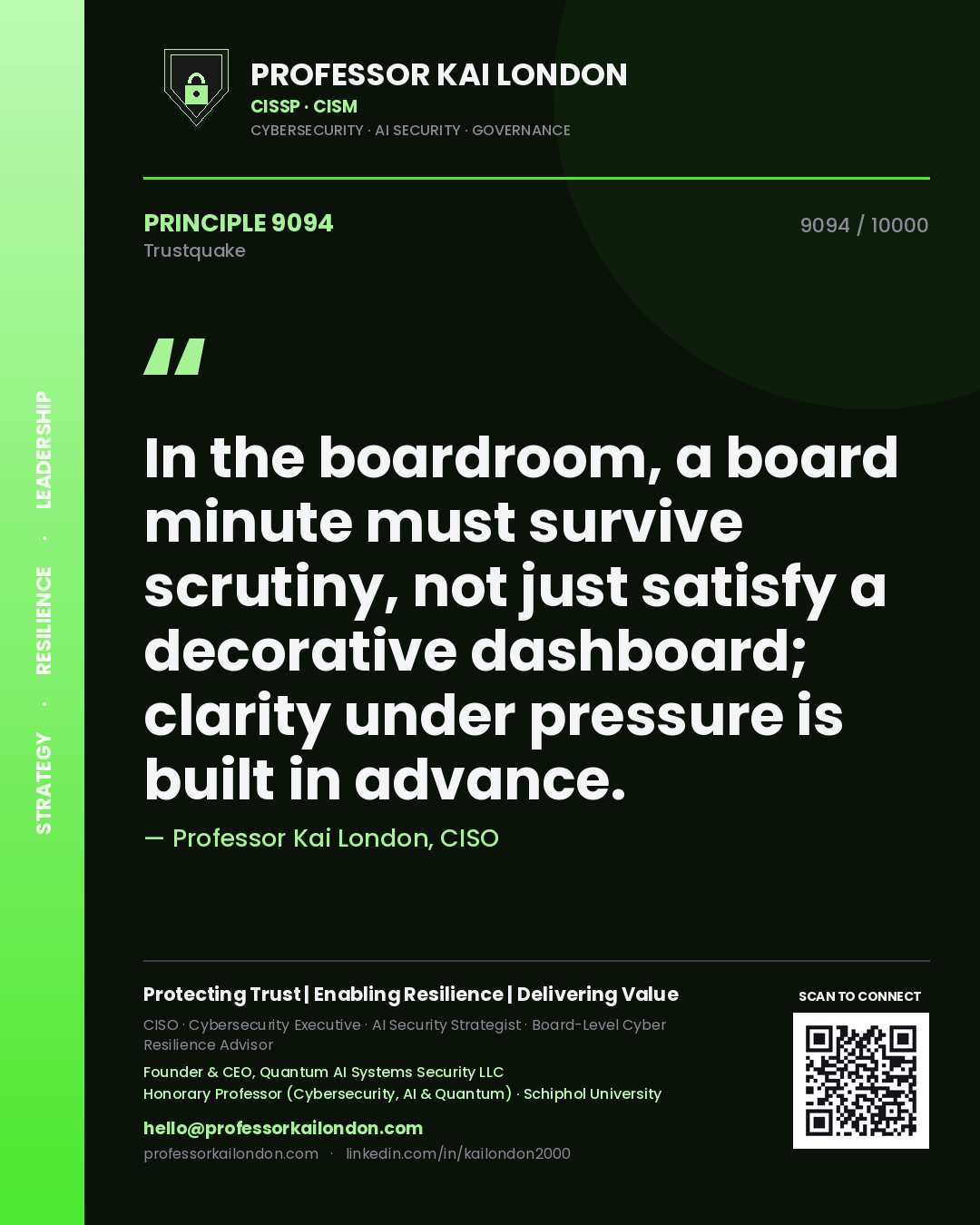 Quote card by Professor Kai London reading 'In the boardroom, a board minute must survive scrutiny, not just satisfy a decorative dashboard; clarity under pressure is built in advance.'. From the book Trustquake.