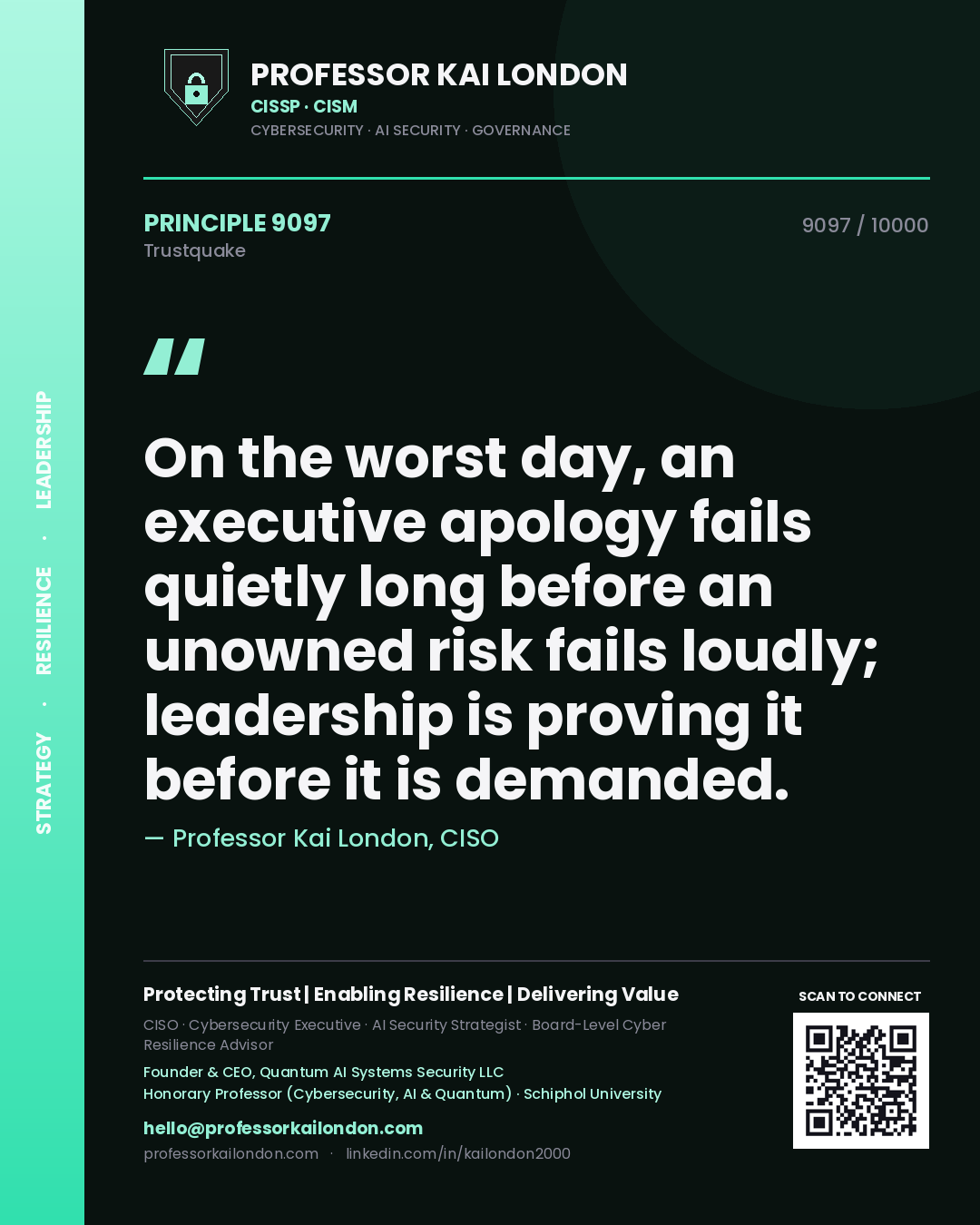 Quote card by Professor Kai London reading 'On the worst day, an executive apology fails quietly long before an unowned risk fails loudly; leadership is proving it before it is demanded.'. From the book Trustquake.