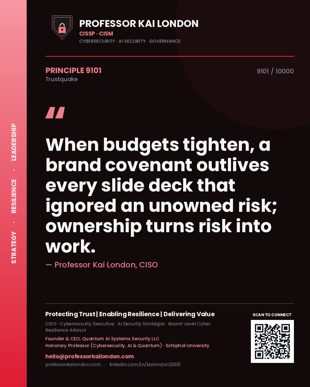 Quote card by Professor Kai London reading 'When budgets tighten, a brand covenant outlives every slide deck that ignored an unowned risk; ownership turns risk into work.'. From the book Trustquake.