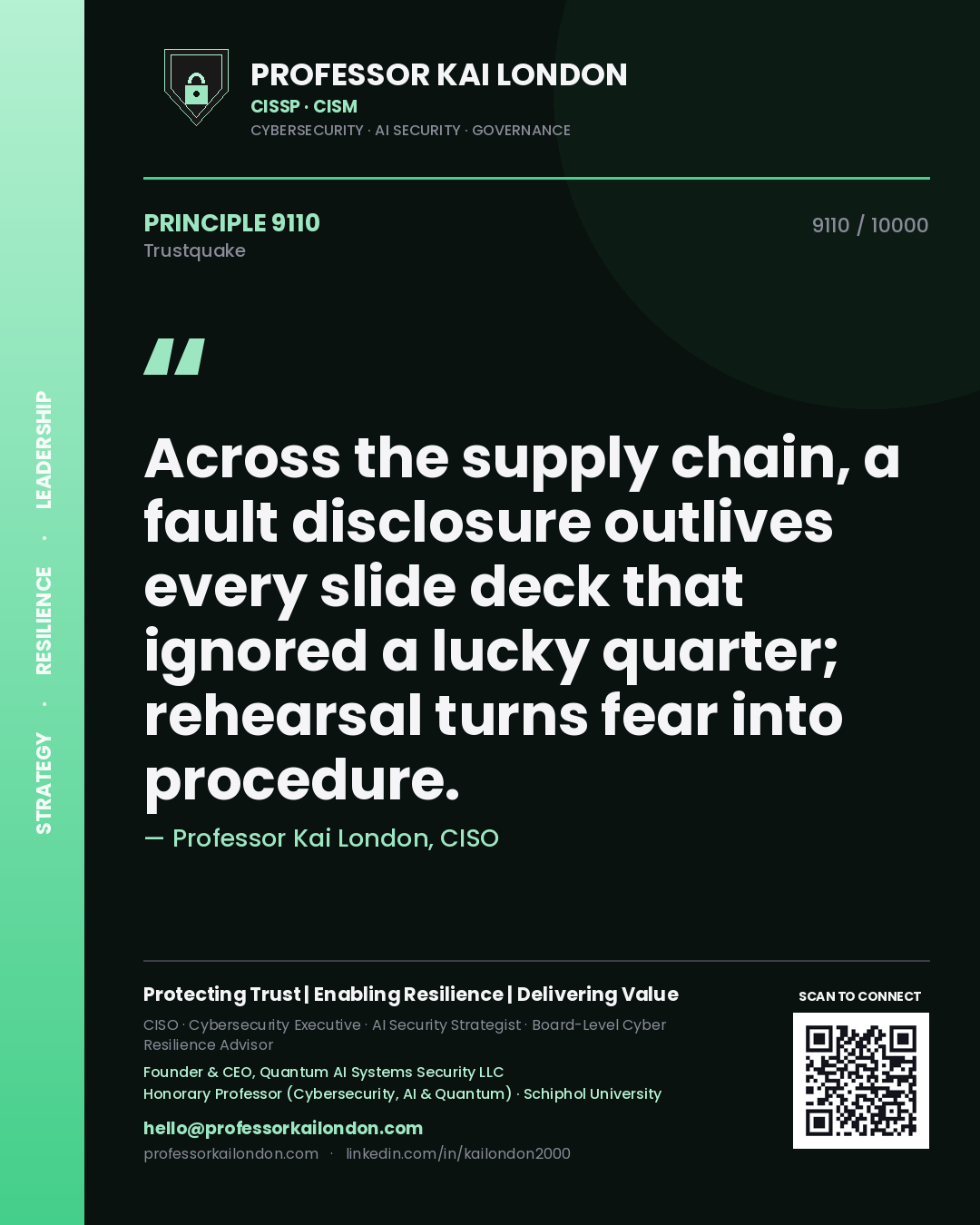 Quote card by Professor Kai London reading 'Across the supply chain, a fault disclosure outlives every slide deck that ignored a lucky quarter; rehearsal turns fear into procedure.'. From the book Trustquake.