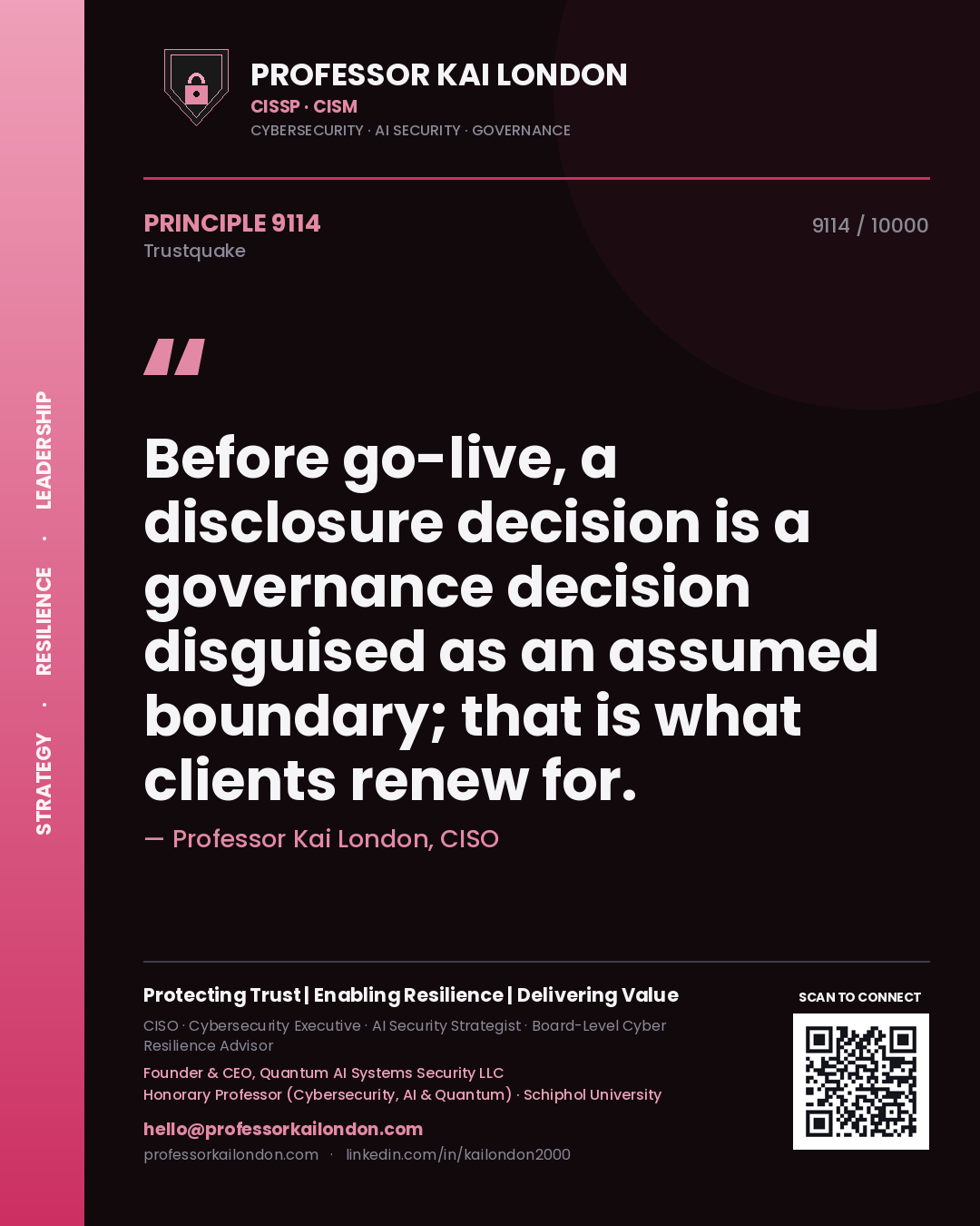 Quote card by Professor Kai London reading 'Before go-live, a disclosure decision is a governance decision disguised as an assumed boundary; that is what clients renew for.'. From the book Trustquake.