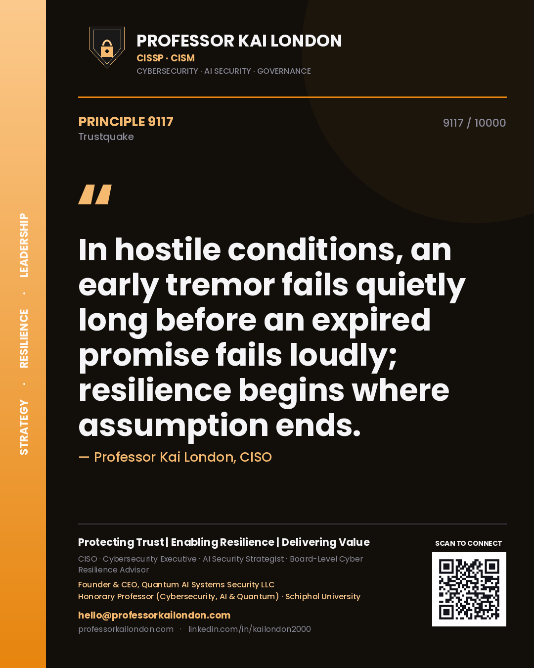 Quote card by Professor Kai London reading 'In hostile conditions, an early tremor fails quietly long before an expired promise fails loudly; resilience begins where assumption ends.'. From the book Trustquake.
