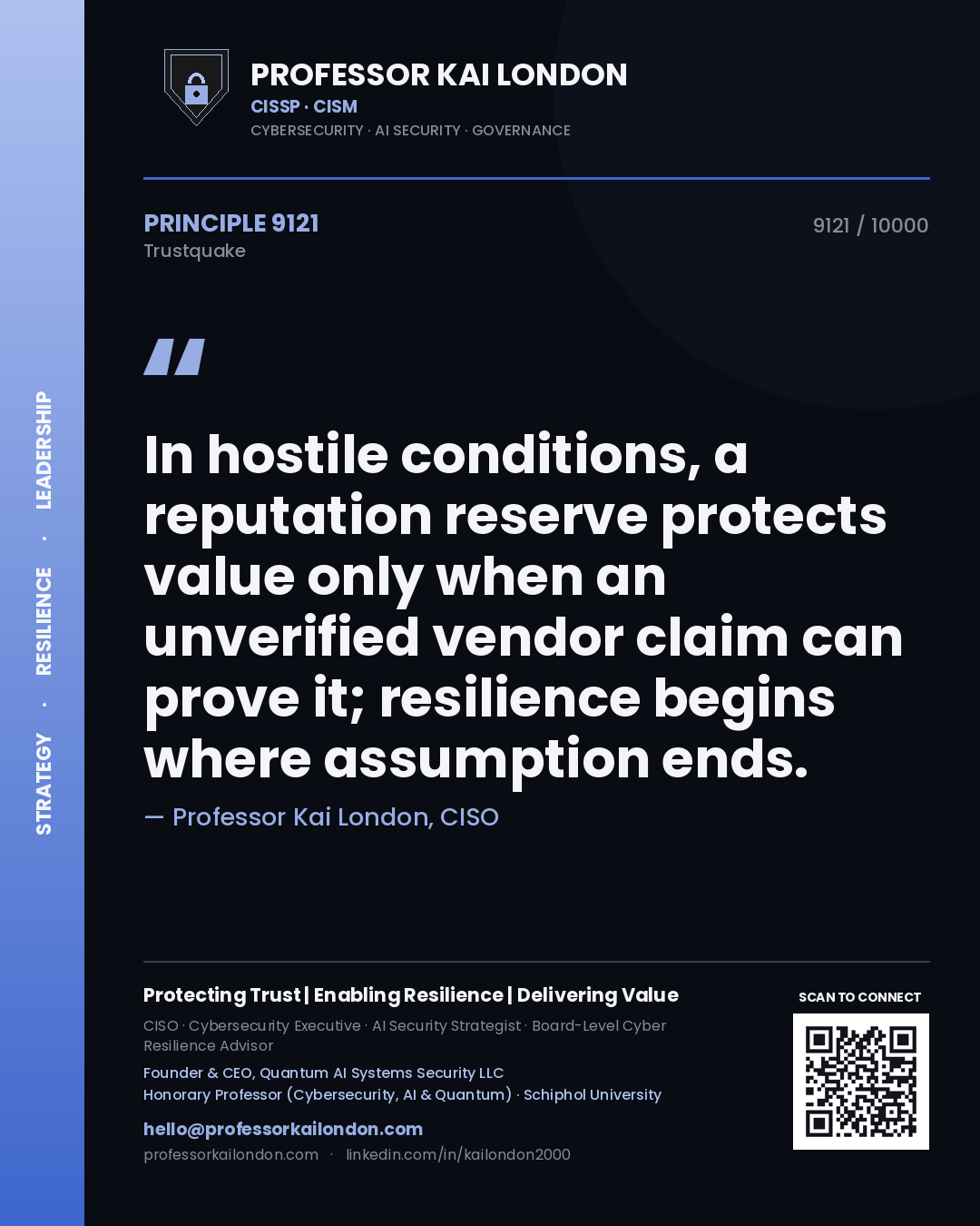 Professor Kai London principle 9121: In hostile conditions, a reputation reserve protects value only when an unverified vendor claim can prove it; resilience begins where assumption ends.